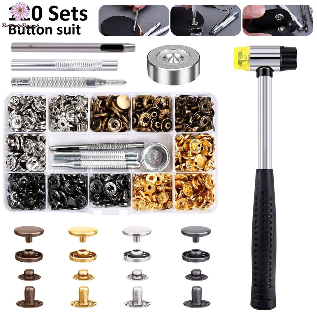 120 ชุดหนัง Snap Fastener Kit 12.5 มม.ปุ่มโลหะ Snaps กด Studs 4 Setter เครื่องมือ 1 ค้อน @ ZJ-FHL2-S