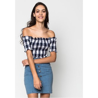 Jezebel เสื้อเอวลอย Country Plaid Smocked Off-Shoulder