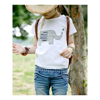 พร้อมส่ง#เสื้อยืดเด็กคอกลมแขนสั้นขาวลายปักช้างสีเทา