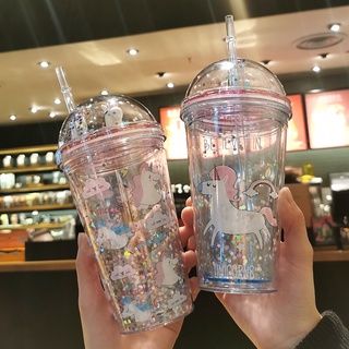 🦄🦄NEW🦄🦄แก้วน้ำ ลายม้า  แก้วน้ำเก็บความเย็น ฝาเกลียว  พร้อมหลอด ขนาด 430 ml.