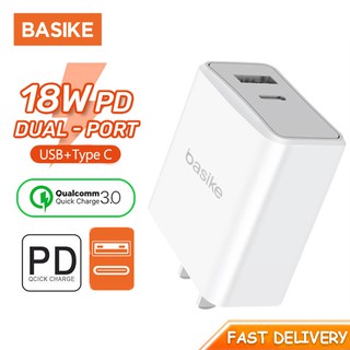 BASIKE AT13P 18W เครื่องชาร์จ ที่ชาร์จโทรศัพท์ USB Type C 3A อะแดปเตอร์ชาร์จเร็ว ปลั๊กติดผนังขนาดเล็ก Support QC PD 3.0