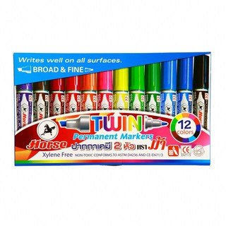 (12 ด้าม) ตราม้า ปากกาเคมี ปากกามาร์คเกอร์ 2 หัว 12 สี