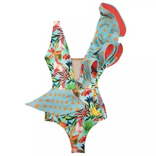 Mixed Pattern Ruffle Swimsuit(Blue)