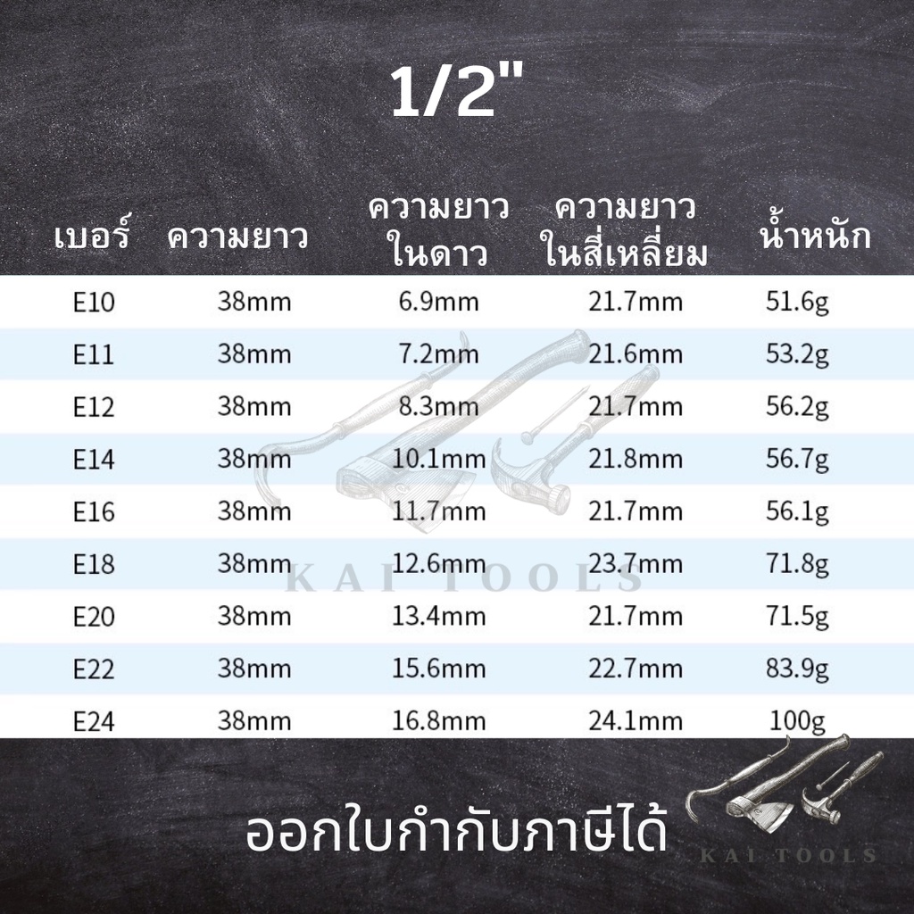 ลูกบล็อกดาวทุกไซต์มาตรฐาน star socket ลูกบล็อกยาวหัวดาว ตัวE  ลูกบล็อกดาว ลูกบล็อกยาว อี ขนาด 1/2