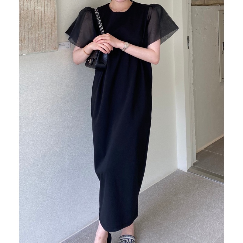 CHAWY lady black dress C2564 เดรสยาวมินิมอล เดรสยาวแขนพอง มี 3 สี ดำ ชมพู ครีม
