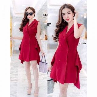 TW11274 Dress เดรสแขนกุด ติดกระดุมหน้า ด้านข้างแต่งระบายหางปลา งานผ้าซาร่า พร้อมส่ง