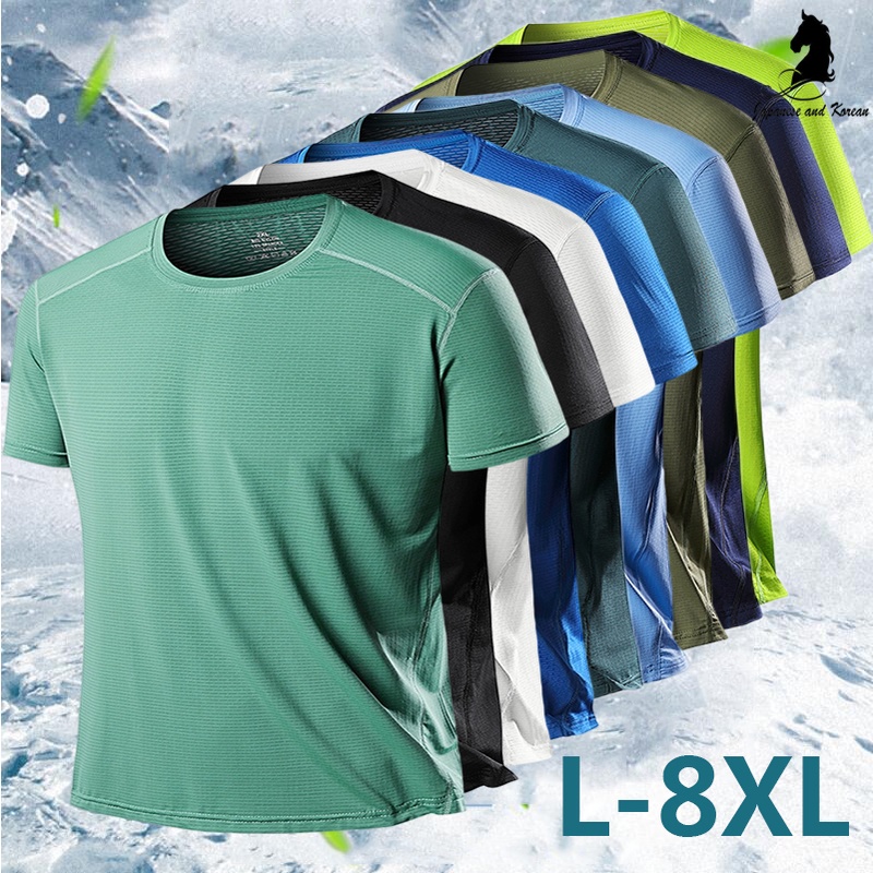 [L-8XL] เสื้อยืดแขนสั้นเท่ๆ เสื้อผ้าออกกําลังกายกีฬาแห้งเร็วเสื้อยืดอ้วนขนาดบวกระบายอากาศ