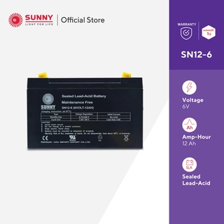 SUNNY เเบตเตอรี่เเห้ง SLA 6V 12Ah รุ่น SN12-6 Battery Sealed Lead Acid เหมาะสำหรับ ไฟสำรองฉุกเฉิน/UPS/ระบบเตือนภัย