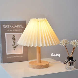 iliving Nordic ins Style Retro Pleated Vintage Table Lamp USB LED Solid Wood Table Light Bedside Night Light Bedroom Lamp Home Decoration Light