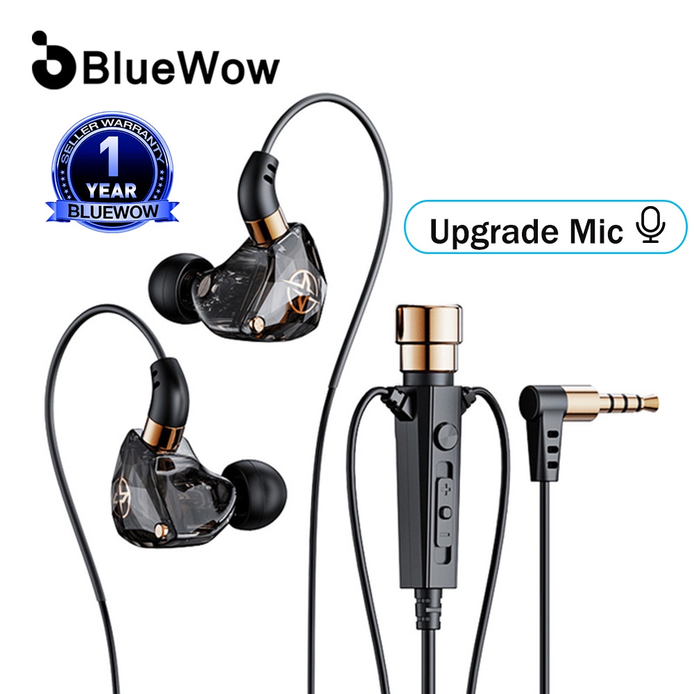 BlueWow KT02/KT03 แจ็ค 3.5 มม.หูฟังแบบมีสายหูฟังชนิดใส่ในหูกีฬาหูฟังตัดเสียงรบกวนแบบไดนามิก HD Mic สําหรับการบันทึกร้องเพลงสด