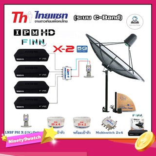 Thaisat C-Band 1.5m (แบบตั้งพื้น)+LNB PSI X-2 5G +Multi switch psi 2x4 +กล่องIPM HD Finn x4 +สายRG6 20เมตรx4+10เมตรx2