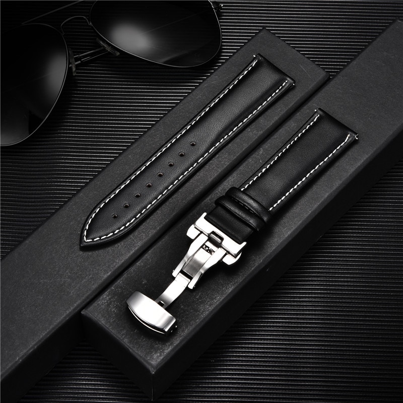 Smooth Genuine Calfskin Leather Watchband 18mm 20mm 22mm Straps with Solid Automatic Butterfly Buckle Business Watch Band