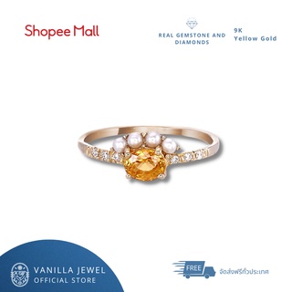 [Pre-Order]Vanilla Jewel แหวนพลอย บุษราคัมแท้ ทองคำแท้ 9K ประดับด้วยเพชรแท้เบลเยี่ยมคัทและมุกนำ้จืด มีใบรับประกันสินค้า
