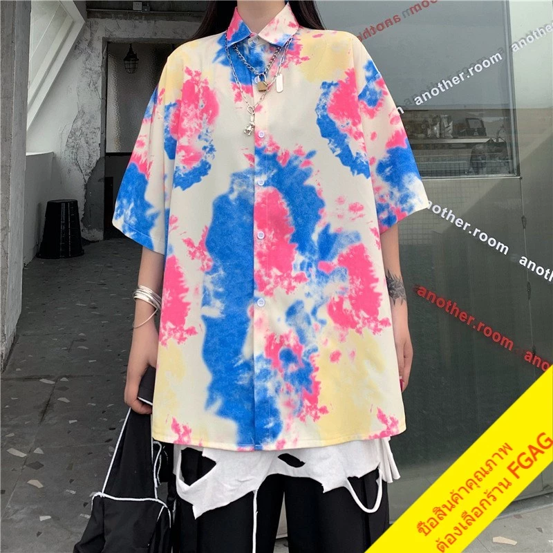 เสื้อเชิ้ตมัดย้อมแขนสั้นผู้หญิง oversize เสื้อผ้าแฟชั่นวินเทจ สไตล์เกาหลี เสื้อโอเวอร์ไซส์สีพาสเทล ไซส์ใหญ่ thumbnail 6