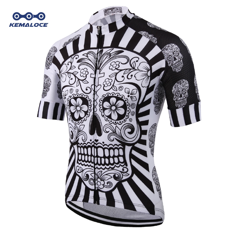 KEMALOCE เสื้อปั่นจักรยานสีขาวพิมพ์ลายกะโหลกศีรษะ แห้งเร็ว สําหรับผู้ชาย