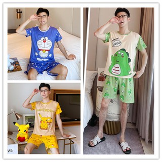 ชุดนอนผู้ชาย，เสื้อยืดลายการ์ตูน + กางเกงขาสั้น，ผ้าคอตตอนยืด，การ์ตูนน่ารัก