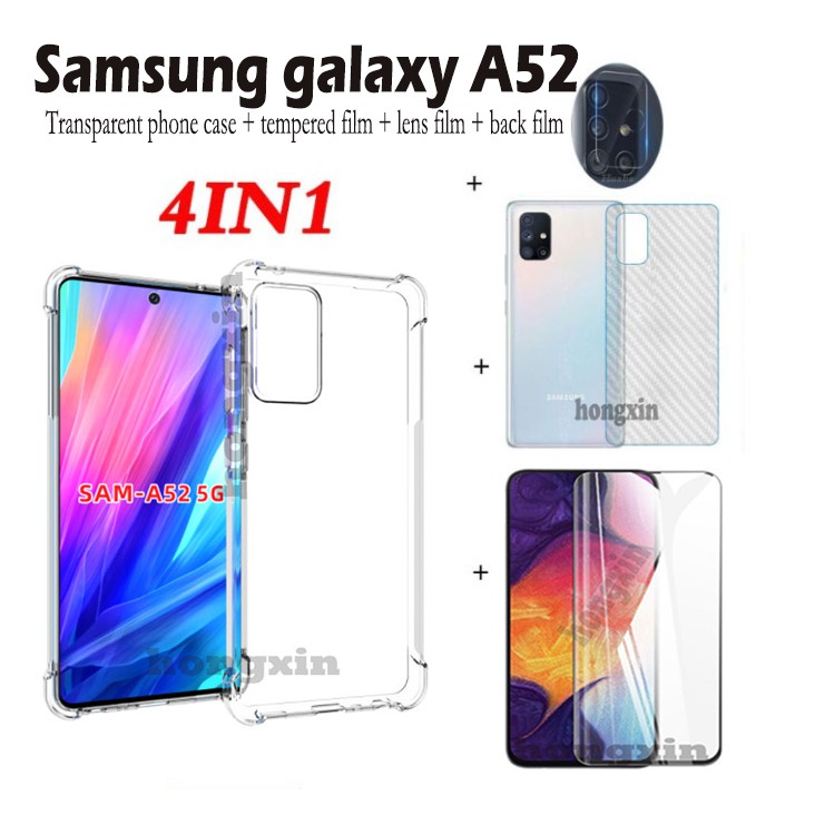 (4in1) เคสโทรศัพท์มือถือแบบใส กันกระแทก 4 มุม ฟิล์มกระจกนิรภัยหน้าจอ ฟิล์มเลนส์กล้อง และฟิล์มคาร์บอนติดหลังโทรศัพท์ สำหรับ Samsung Galaxy A52 phone case A72 A32 A12 (5G) A02S M01 Core F41 M21S A01CORE A10E A20E A2CORE