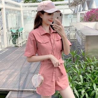 Jumpsuit แขนสั้นในช่วงฤดูร้อนปีเครื่องมือใหม่ล้างผ้าฝ้ายบางริ้วรอยสไตล์สบายๆเข็มขัด jumpsuit หญิง