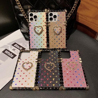 For iPhone 12 Mini 13 Pro MAX Fashion Brand Love Heart Square Phone Case With Ring Bracket