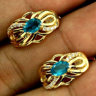 ต่างหูเงินแท้925 14KGF อพาไทน์แท้ เพชรCZ (Natural blue apatite earrings)