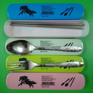 1 ชุดช้อนส้อม ตะเกียบสแตนเลส stell ชุดช้อนส้อมพร้อมกล่องใส่ ช้อนส้อมพกพา Cutlery set Stainless steel chopsticks stell C