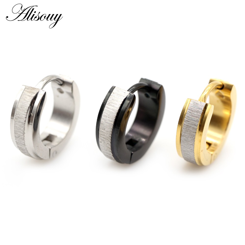 Alisouy 2 ชิ้น Punk Gold สีสแตนเลส Hoop ต่างหูสไตล์เรียบง่ายวงกลมแปรงต่างหูแฟชั่นสําหรับผู้หญิงผู้ชายเครื่องประดับ