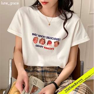 lune 5502#เสื้อแฟชั่นผู้หญิงอวบ เสื้อยืดโอเวอร์ไซส์ คอกลมแขนสั้นสีขาว พิมพ์ลายวินเทจ