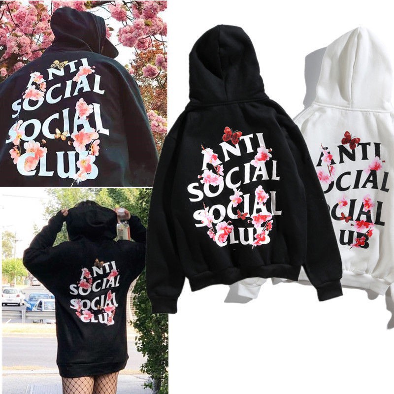 Anti Social Club เสื้อกันหนาวมีฮู้ดแฟชั่นพิมพ์ลายดอกไม้สําหรับผู้ชายและผู้หญิง unisex*&*-