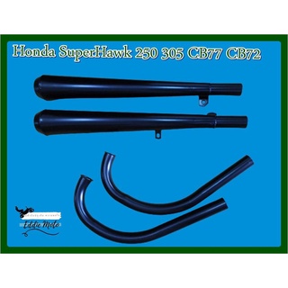 HONDA​ SUPERHAWK​ 250 305 CB77 CB72​ EXHAUST MUFFLER &amp;​ PIPE SET PT SUPER "BLACK" CAFE / ท่อไอเสียทรงปากแตร&amp;คอท่อ (รมดำ)