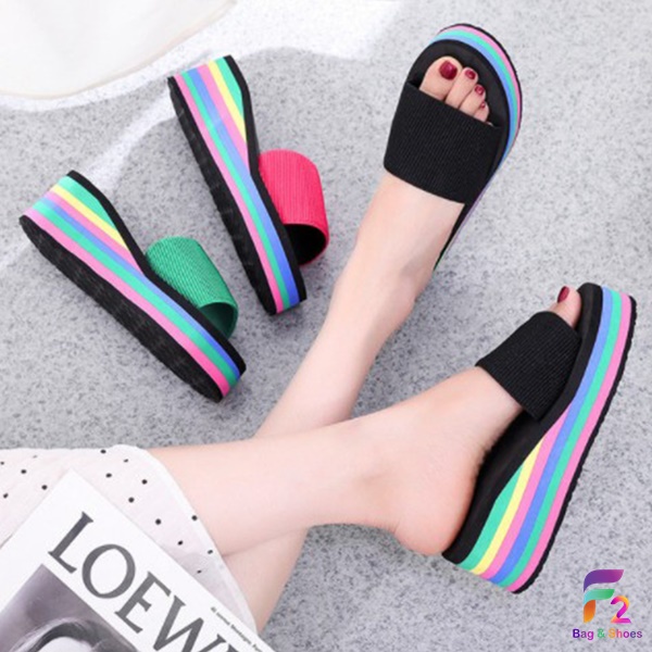 F2 พร้อมส่ง รองเท้าแตะส้นตึก สีรุ้ง คาด 3 สี ไซส์ 36-40