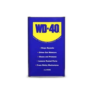 น้ำมันครอบจักรวาล WD-40 ขนาด 4 ลิตร (1 แกลลอน). ใช้สำหรับหล่อลื่นและป้อง กันสนิมยาวนานกว่าปกติถึง 7 เท่า สีใส ไม่มีกลิ่น