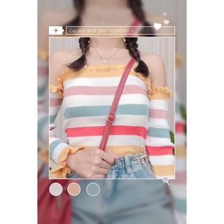 ส่งฟรี พร้อมส่ง ตรงปก Crop เสื้อครอปเกาะอกไหมพรม สไตล์เกาหลี ปาดไหล่ แขนยาว แต่งระบาย ลายทาง สีรุ้ง เสื้อผ้าผู้หญิง