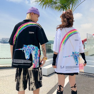 2021ชุดฤดูร้อนคู่ฝรั่งเศสแขนสั้นยูนิคอร์นสายรุ้งแขนสั้นTเสื้อยืดผู้ชายแนวโน้มแบรนด์น้ำinsเสื้อผ้าซูเปอร์ไฟ