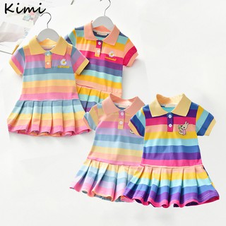 ✨ Kimi ๑ ชุดเดรสเจ้าหญิง แขนสั้น จับจีบ ลายทาง สีรุ้ง สําหรับเด็กผู้หญิง อายุ 2-6 ปี