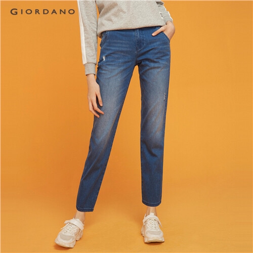 GIORDANO WOMEN Distressed moustache effect demin jeans 13429805