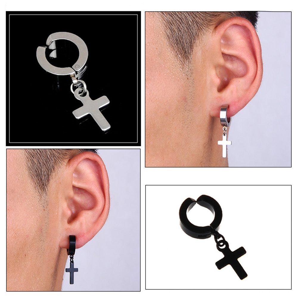 ต่างหู ไม่ต้องเจาะหู ตุ้มหู จิว ไม้กางเขน | NH. SQ.CROSS | Cross Huggie Stud Earrings for Men Steel 