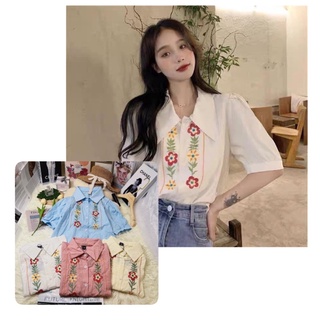 FK🪴พร้อมส่ง🪴 เสื้อเชิ้ต แขนสั้น ผ้าคอตตอนลินิน ปักลายดอกไม้ สไตล์เกาหลี