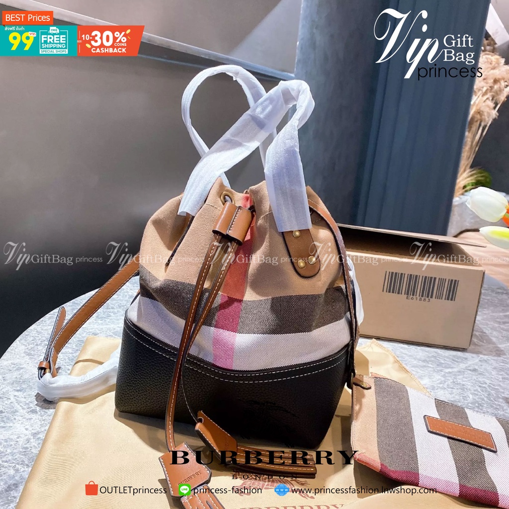 VIP 】Beli Burberry Bag / BURBERRY VINTAGE CANVAS BUCKET BAG กระเป๋าสะพาย ทรงขนมจีบ ลายออริจินอล