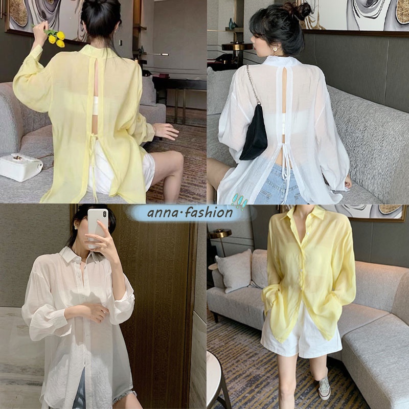 anna🍭❤️C187 ❤️เสื้อกันแดดแขนยาวสีขาว เสื้อคลุมแฟชั่นผู้หญิง สีขาว/เหลือง ซีทรูนิดๆ ทรงงหลวม ดีเทลมีเชือกผูก