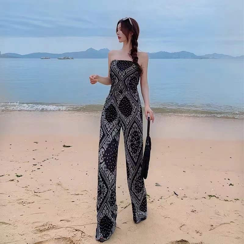 #ขายส่ง#ฤดูร้อนใหม่ retro all-match tube top เสื้อกั๊ก + เอวสูง slimming tie-dye จีบกว้างขากางเกง 2 ชิ้นหญิง