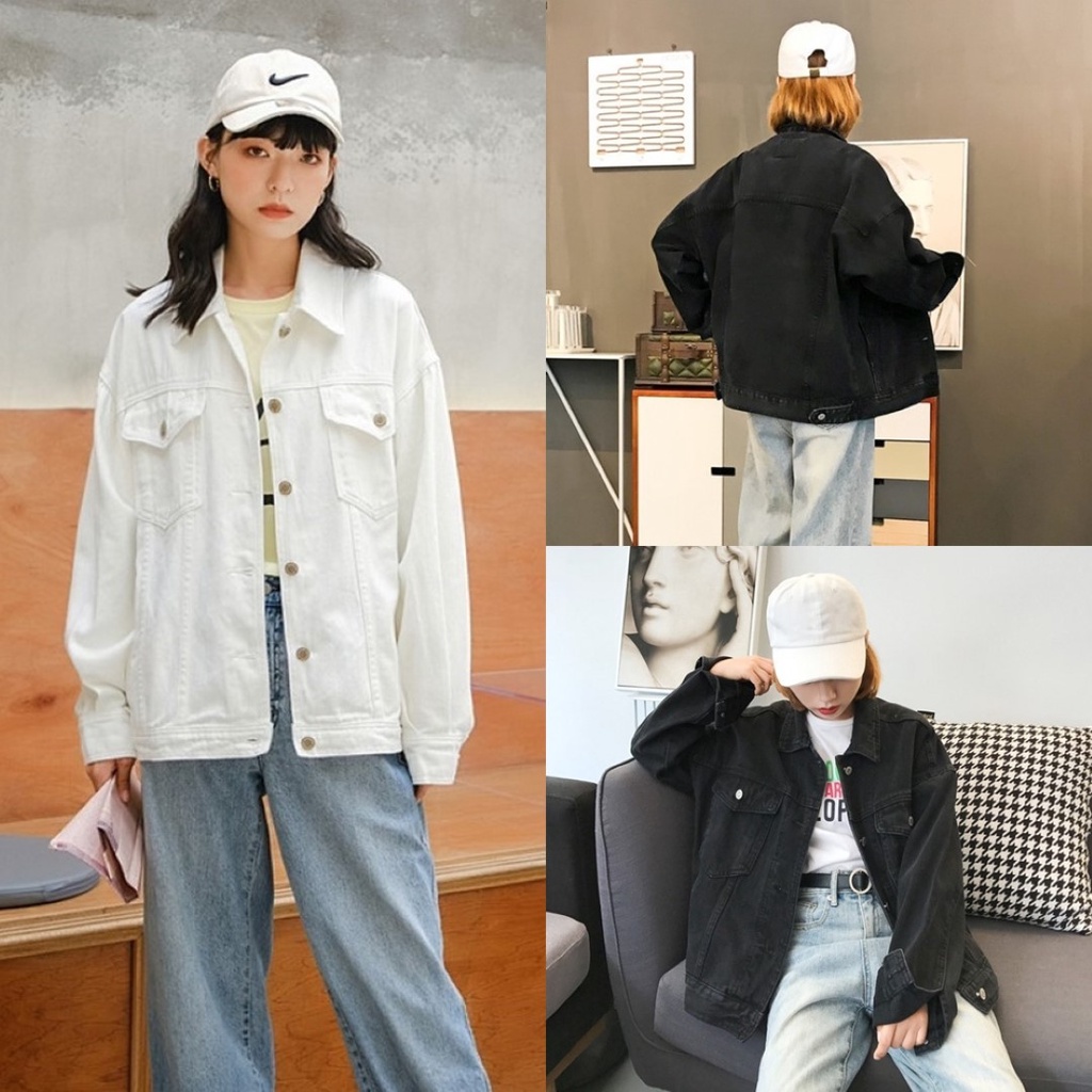FC พร้อมส่ง เสื้อแจ็คเก็ตยีนส์เท่ๆ 2 สี มีกระดุมและกระเป๋าหน้าขาวครีม-ดำ