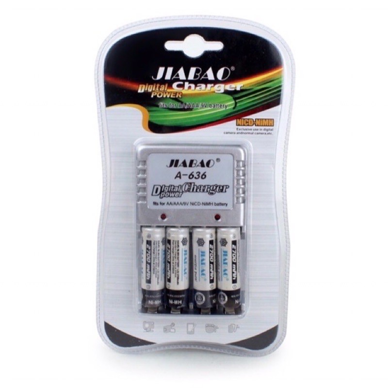 ถ่านชาร์จ AA (2A) AAA (3A) แท่นชาร์จถ่าน JIABAO A-636 แถมถ่าน AA 4 ก้อน 1ชุด ชาร์จได้3ขนาด AA AAA 9V