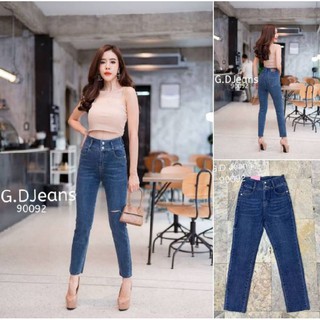 G.D.Jeans รุ่น 90092#กางเกงยีนส์ขายาวผ้ายืดเอวสูงเล่นกระดุมหน้าสองเม็ดแต่งขาดหน่วยๆ