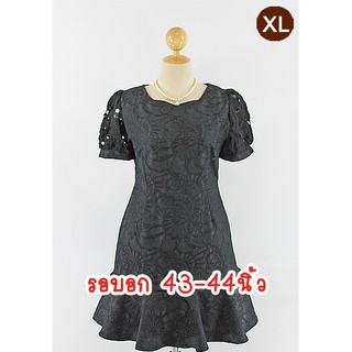 E1990-5-XL-ชุดเดรสคนอ้วน สีดำ ผ้าไหมญี่ปุ่นลายดอกปั๊มนูน กระโปรงชายระบาย แขนตุ๊กตา