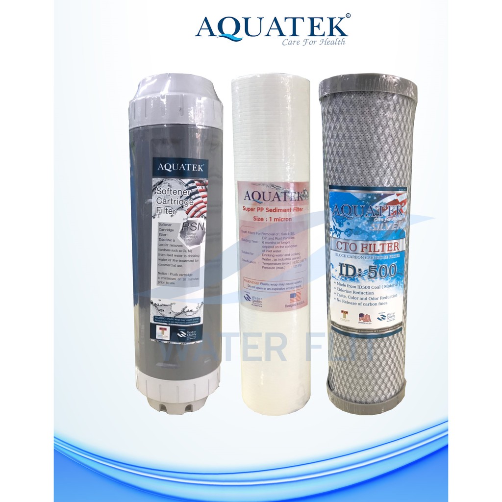 ชุดไส้กรองน้ำดื่ม 3 ขั้นตอน AQUATEK ไส้กรองหยาบ(PP) 1 MICRON 10 นิ้ว / CTO AQUATEK Carbon Filter / Resin Softener