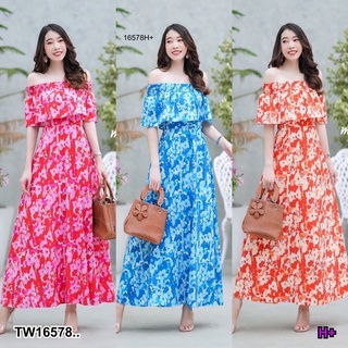 PE16578 Maxi dress ระบายเปิดไหล่ลายดอก
