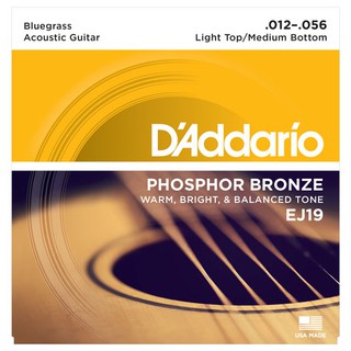 DAddario® สายกีตาร์โปร่ง เบอร์ 12 Hybrid แบบ Phosphor Bronze ของแท้ 100% รุ่น EJ19 (Light, 12-65) ** Made in USA **