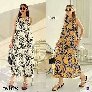 TW16470 New Arrival !!!! Leaf Sleeveless Dress เดรสยาวแขนกุดทรงปล่อย เจาะกระเป๋าล้วงข้างช่วงสะโพก พร้อมส่งจ้า