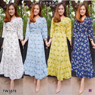 (3878) Maxi Dress แม็กซี่เดรสคอวีลายดอกไม้ แขนยาวสามส่วน