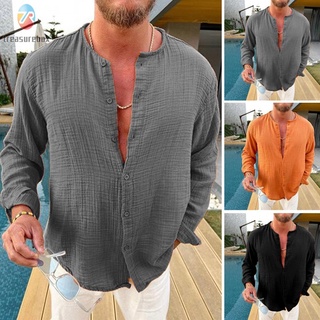 【TRSBX】Mens Linen Cotton Henley T-shirt Long Sleeve Shirts Casual Office Blouse Tops solid color comfortable shirt